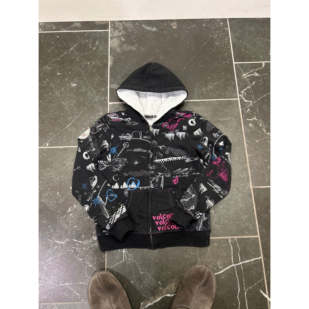 Volcom Womens All Over Print Zip Up Hoodie Sherpa Lined Hood Black Pink Medium